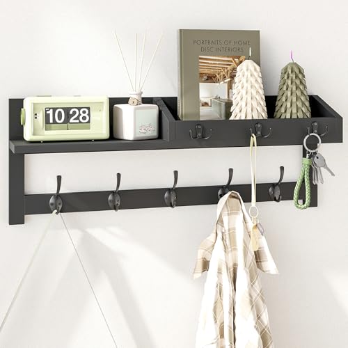 Image of AMBIRD Wall Hooks with Shelf, 26.57 Inch Entryway Wood Coat Hooks for Wall, Coat Rack Wall Mount Rack with 5 Dual Hooks 3 Key Hooks Mail Organizer and Key Rack Key Holder (Black)