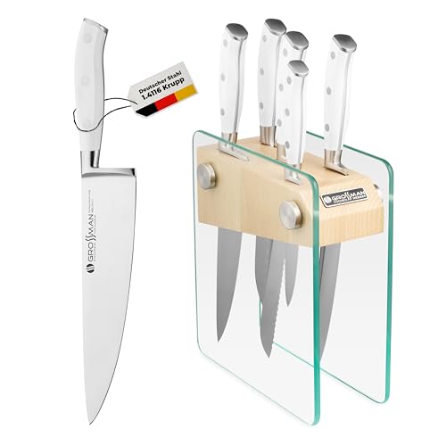 GROSSMAN® Mirabel Bloque de cuchillos | Juego de cuchillos con bloque | Cuchillas de acero inoxidable alemán | Bloque de cuchillos | Set de cocina (Beige | Blanco señal, 5 piezas)