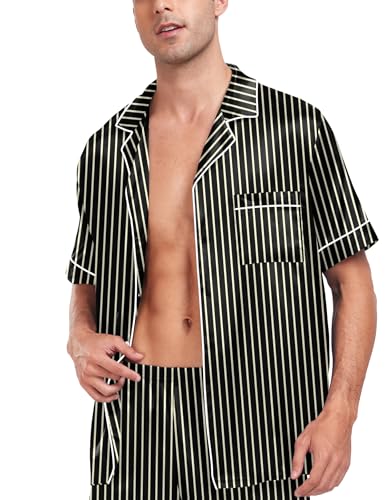 Image of SWOMOG Men Satin Silk Pajamas Sets Short Sleeve Sleepwear Button-Down PJs Sets Two-Pieces Loungewear with Pockets