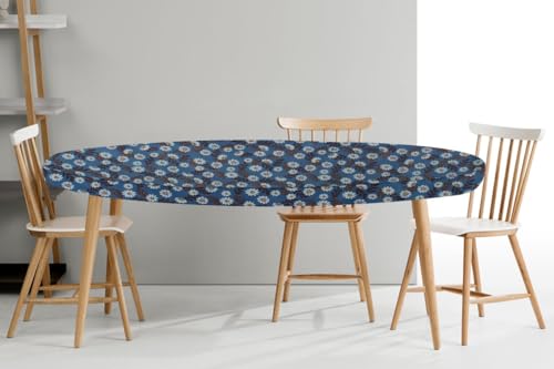 Image of The Furnishing Tree Elastic Oval Dining Table Cover WxL 35x63 in Inches Polyester Floral Pattern Blueish Grey
