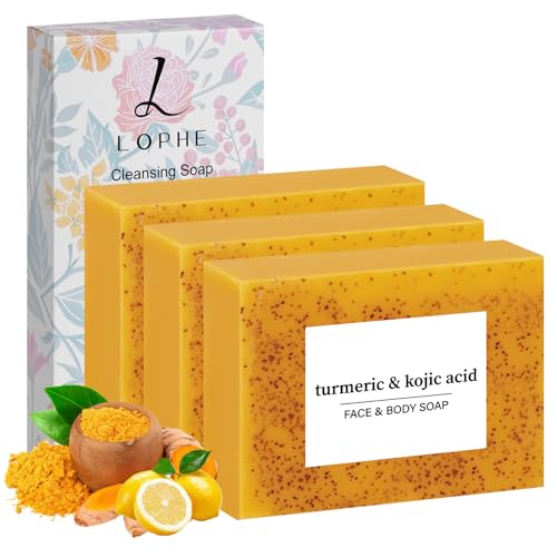 LOPHE 3 Pièces Savon au Curcuma et à l'Acide Kojique Éclaircissant Intense - Hydratation Profonde pour le Corps et le Visage - Unifier le Teint-pour Tous...