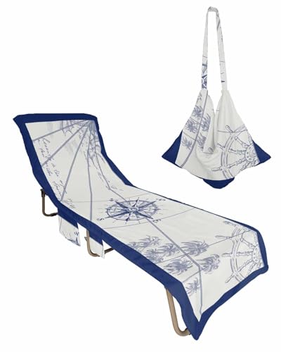 Navy Blue Nautical Beach Lounge Chair Towel Cover, Soft Chaise Lounge Towel with Side Pockets Patio Pool Chairs Cover for Beach/Pool Sunbathing 29x85 Beach Ocean Coastal Compass