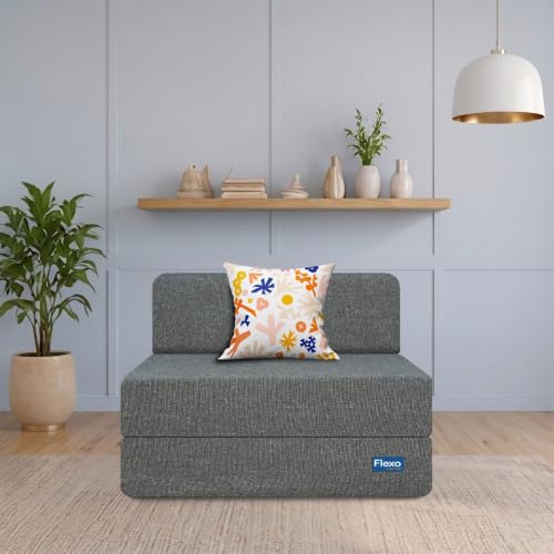 Image of Starlon 1 Seater Foldable Sofa Cum Bed 3-in-1 with 1 Floral Pattern Pillow, Washable Jute Fabric Cover, Space Saving Guest Bed, Pre-Assembled Ash Gray 2.5x6 Ft