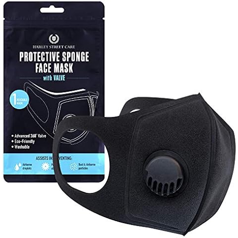 H HARLEY STREET CARE Black Elastic Face Mask, Washable & Reusable Foam Sponge Face Covering with Exhalation Valve (Pack of 1), BMV01 Cover