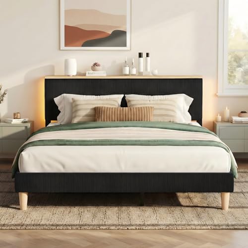 Artiss Queen Upholstered Bed Frame with Adjustable Headboard (100-107cm) Mood Lighting, Heavy Duty Corduroy Velvet Bed Base with Open Shelf for Modern Bedroom