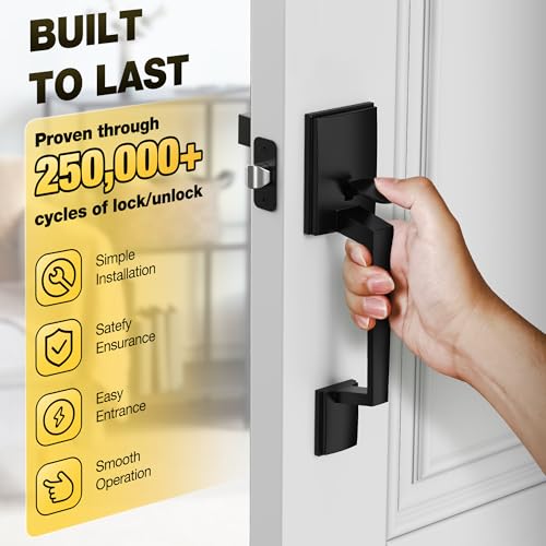 Image of Kolet Front Door Handle, Handle Set with No Lock, Exterior Entry Door Handle, Heavy Duty Zinc Alloy, Reversible for Right & Left Opening, Deadbolt Not Included, Matte Black