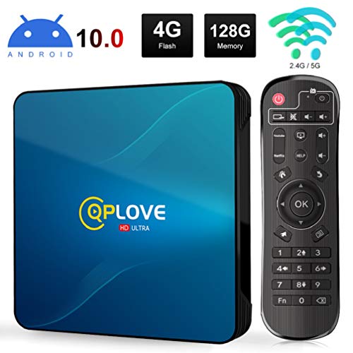 QPLOVE Q8 TV Box Android 10.0, Android TV Box (4G+128G), Android RK3318 Quad-Core 64bit Cortex-A53/WIFI 2.4G/5Ghz LAN 100M, 4K Android TV Box