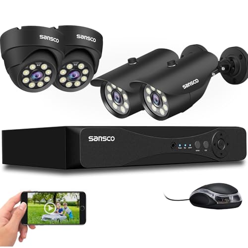SANSCO 5MP HD CCTV Camera System, 8 Channel 5MP DVR, 4pcs Weatherproof Outdoor Camera (Dome and Bullet, Night Vision, Vandal Proof Casing, Motion Detection, Email &APP Alert, No Hard Drive)