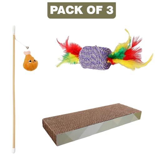 Image of Emily Pets Cat Scratcher (Pack of 3) with Toys - Cardboard Scratch Pad, Feather Wand, and Plush Toy, Durable and Anti-Slip for Cats and Kittens (Color May Vary)