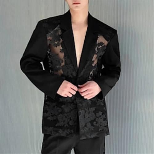 Men Transparent Mesh Blazer Patchwork Lace Lapel One Button Casual Street Coat3