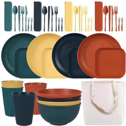 MORAINJAY Bunt Unzerbrechliches Geschirr Set für 4 Personen mit Segeltuchtasche, Wiederverwendbar Camping Geschirr Set Plastikgeschirr Picknick Leicht Grill Servierteller Schüsseln Besteck Set