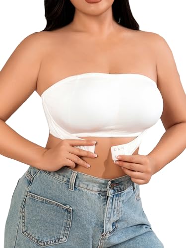 WDIRARA Women's Plus Size Solid Button Front Bandeau Bra Strapless Wireless Bras White 4XL