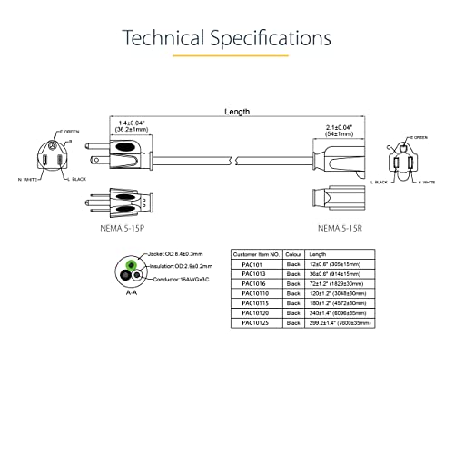 Startech.com 15Ft (4.5M) Power Extension Cord, Nema 5-15R To Nema 5-15P Black Extension Cord, 13A 125V, 16Awg, Outlet Extension Power Cable, Nema 5-15R To Nema 5-15P Ac Power Cord-Ul Listed (Pac10115) #TOP5