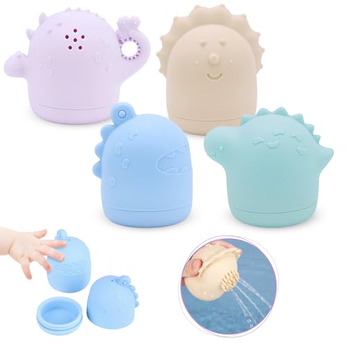 Image of Mold Free Bath Toys, iselyn 4Packs Bath Toys for Toddlers Silicone Baby Bath Toys Non-Toxic Squeezable Bathtub Toys for Infants-Dinosaurs