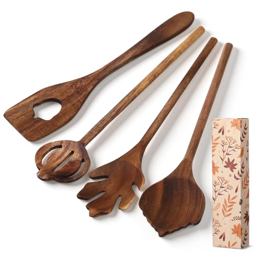 Maxdot 4 Pcs Autumn Themed Wooden Spoons Utensils Set 12 Inch Natural Acacia Wooden Spoons Fall Pumpkin Cooking Utensil Spatula Kitchen Cookware Gadget Kit Housewarming Gift Funny Autumn Party Supply