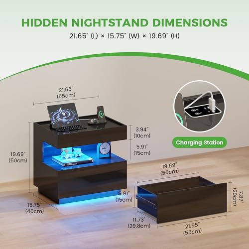 Image of HNEBC Black LED Nightstand with Gun Drawers&USB-C Port&Lights for Bedroom | Bedside table,Motion‑Sensor 3‑Color Lighting, Hidden Storage Compartment, USB, Type‑C Charging Station,hight-gloss