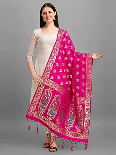 Women's Woven Banarasi Silk Zari Dupatta/Chunni, Width 1 Meter, Length 2.5 Meter Deep Pink 2cm4
