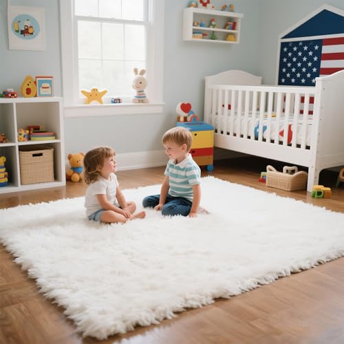 Small Bedside Rug, 3x5 Non Slip Fluffy Shaggy Entryway Throw Rugs for Bedroom Living Room, Indoor Floor Carpet for Kids Girls and Boys, Nursery Rooms Mat, Home Decor Aesthetic, White