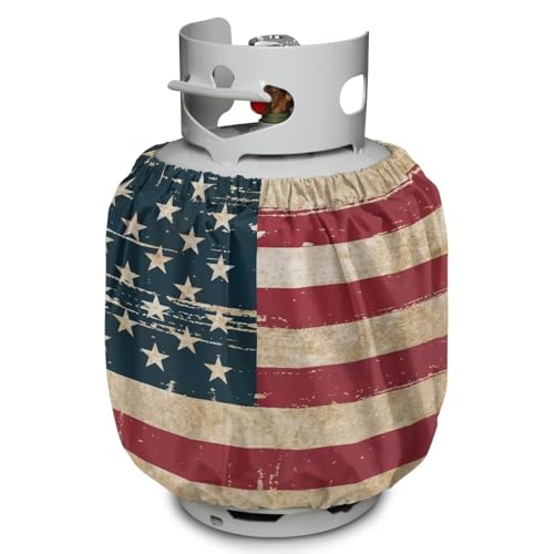 Cugasmaru Retro American Flag Dual Propane Tank Cover 20 lb Patriotic Weather Resistant Gas Cylinder Polyester Blue Red 4th of July Decoration Slip-On Standard Tank Cover