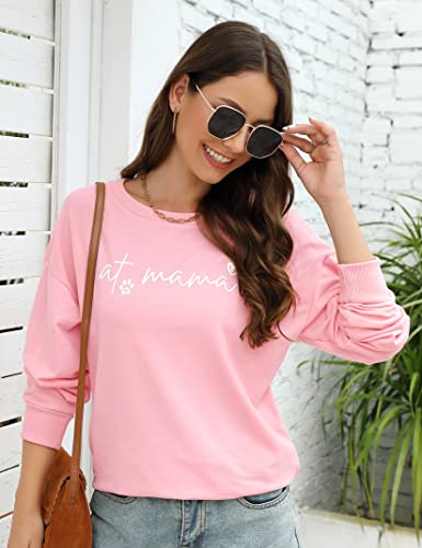 Cat Mom Sweatshirt Women Cat Mama Shirt Cute Cat Long Sleeve Letter Print Tshirt Mama Life Tops Pink Xl #TOP5