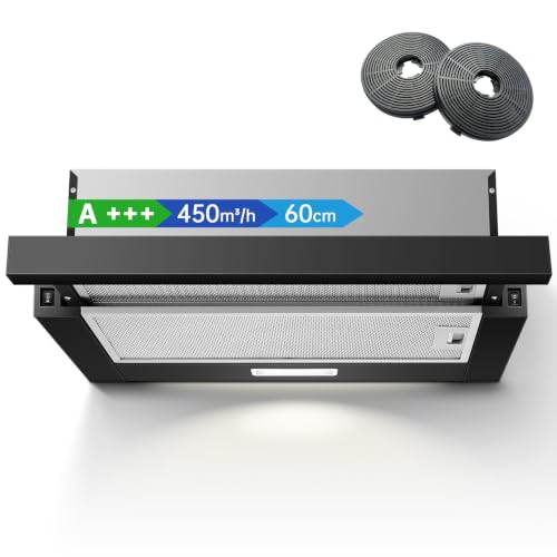 TopStrong Hotte Aspirante 60cm, 450m³/h, A+++, Encastrable, Recyclage, Noir