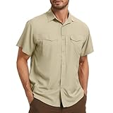 Men's Safari Hiking UPF 50+ UV Short Sleeve Button Work Shirt Lightweight Cooling Quick Dry Outdoor Sun Protection Fishing Shirts, 5089, Khaki, XXL