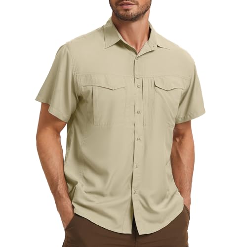 Men's Safari Hiking UPF 50+ UV Short Sleeve Button Work Shirt Lightweight Cooling Quick Dry Outdoor Sun Protection Fishing Shirts, 5089, Khaki, XXL