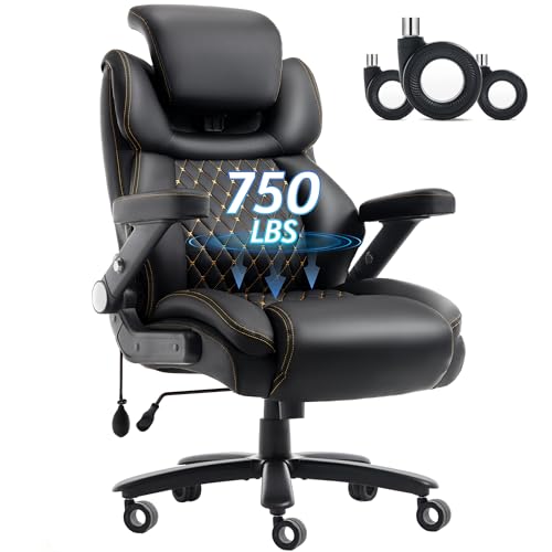 Big and Tall Office Chair 750lbs, Executive Office Chair with Adjustable Headrest&Lumbar Airbag Support, PU Leather High Back Heavy Duty Chair 5D Flip Arms, Ergonomic Thick Spring Cushion, All Black