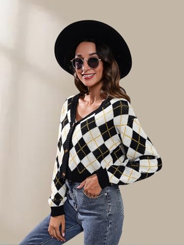 Image of Wowcarbazole Women's Knit Cardigan Sweaters Long Sleeve Argyle Open Front Button Down V Neck Cropped Coats Casual Trendy Tops(Apricot Black-M)