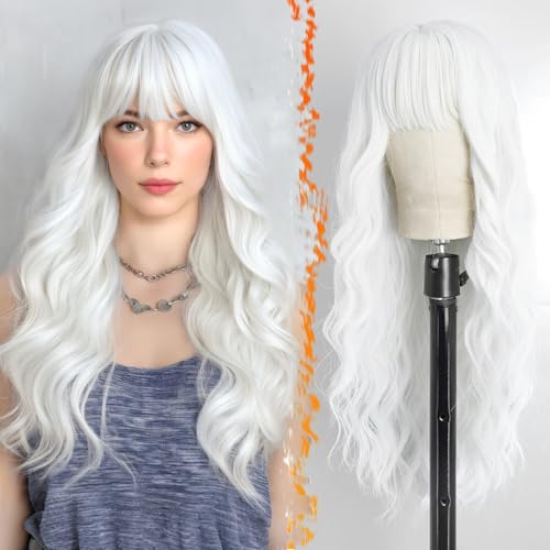 BARSDAR Longue Ondulée Blanches Perruque avec Frange, 66cm Longue Ondulées Blanches Perruque pour Femmes D'aspect Naturel Épais Synthétique Perruques de...