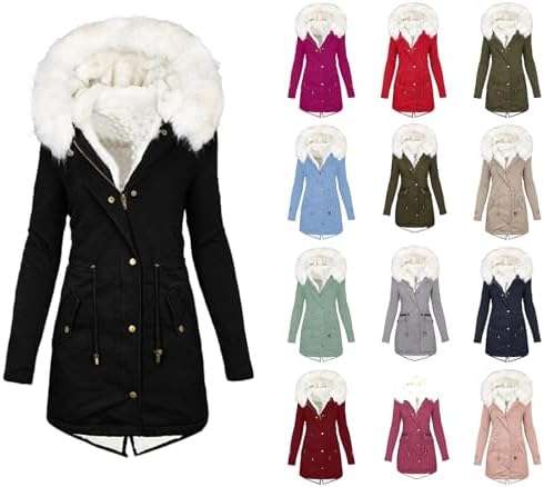 Womens Winter Coats Warm Down Jacket Thicken Fleece Lined Parka Sherpa Long Puffer Coat Casual Outwear with Fur Hood