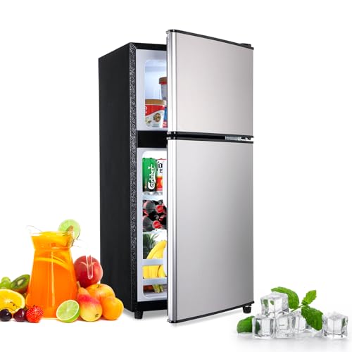 FLS-80-WOOD 3.5 Cu.Ft Compact, Retro Fridge with Dual Door, Small Refrigerator with Freezer,7 Level Adjustable Thermostat for Garage, Dorm,Bedroom, Office, Apartment, Wood