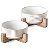 LE TAUCI PET Ceramic Dog Bowls for Medium Small Dogs – 4 Cup Medium Dog Food and Water Bowls with Wood Stand, Cute Pet Dishes Set of 2, Lines+Dot