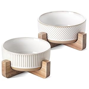 LE TAUCI PET Ceramic Dog Bowls for Medium Small Dogs – 4 Cup Medium Dog Food and Water Bowls with Wood Stand, Cute Pet Dishes Set of 2, Lines+Dot