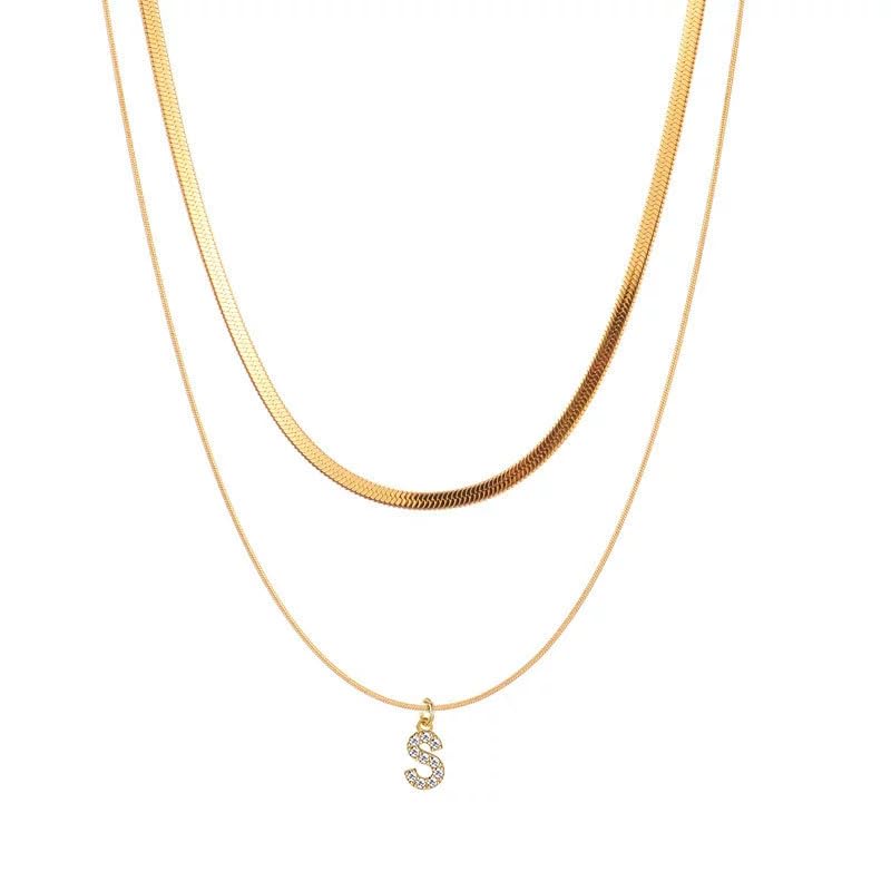 Image of Aaishwarya Initial Letter S Zircon Pendant Layered Necklace for Women | Stainless Steel, 18K Gold Plated, Anti-Tarnish Waterproof Chain, Stylish Minimal Jewelry, Personalised Gift Accessory