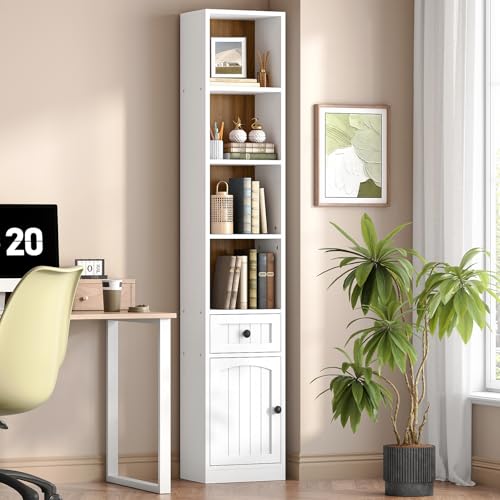 HOOBRO 70.9" Inch Tall Bookcase, Tall Narrow Bookshelf with Storage Cabinet and Adjustable Shelf, Space Saving Storage Shelf Bookcase for Office, Living Room, Bedroom, White and Walnut WH42SJ01
