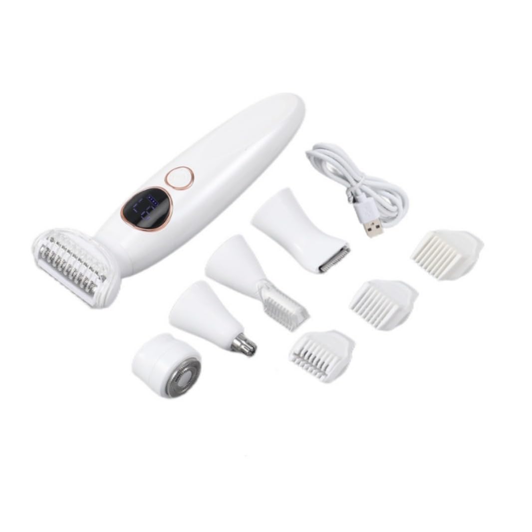 Rasoir Elios Femme 5 En 1, Rasoirs Électriques Femme, Epilateur Visage Femme avec Affichage, 5 têtes interchangeables Tondeuse Bikini 5 En 1 Étanche IPX7, Aisselles, Pour Bikini, Jambes, Nez (Blanc)