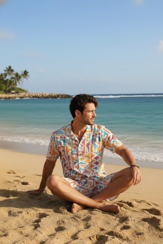 Image of Zilcon Men's Matching Set Summer Beach 2 Piece Outfits Floral and Palms Button Down Shirts and Shorts Goa Vacation Outfits