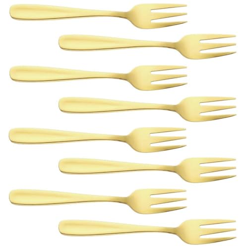 8 PCS Dessert Forks Golden,Cake/Mini Appetizer/Stainless Steel Pastry Fork,Fruit Forks-13.8 CM(5.4 Inch)