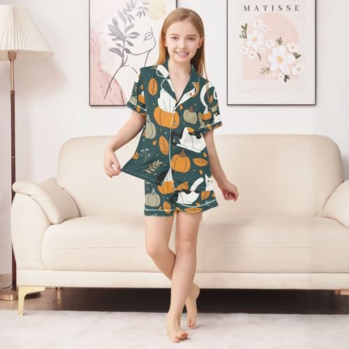 senya Cat on Pumpkin Satin Summer Pajama Sets Silk Short Sleeve Button Down Sleepwear4
