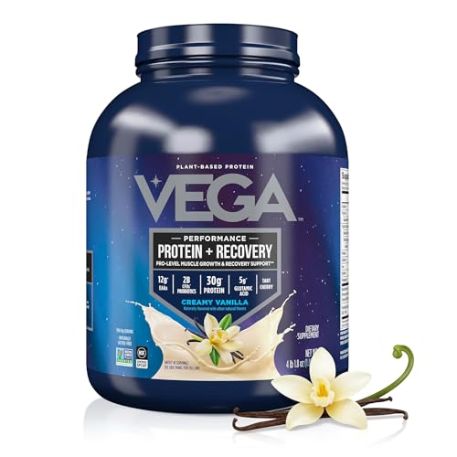 Vega Sport Vegan Protein Powder + Recovery - 30g Plant Based Protein per Serving, Vanilla, 45 Servings, 5g BCAAs, Probiotics, NSF Certified, for Shakes & Smoothies, 4.1lbs (Packaging May Vary)