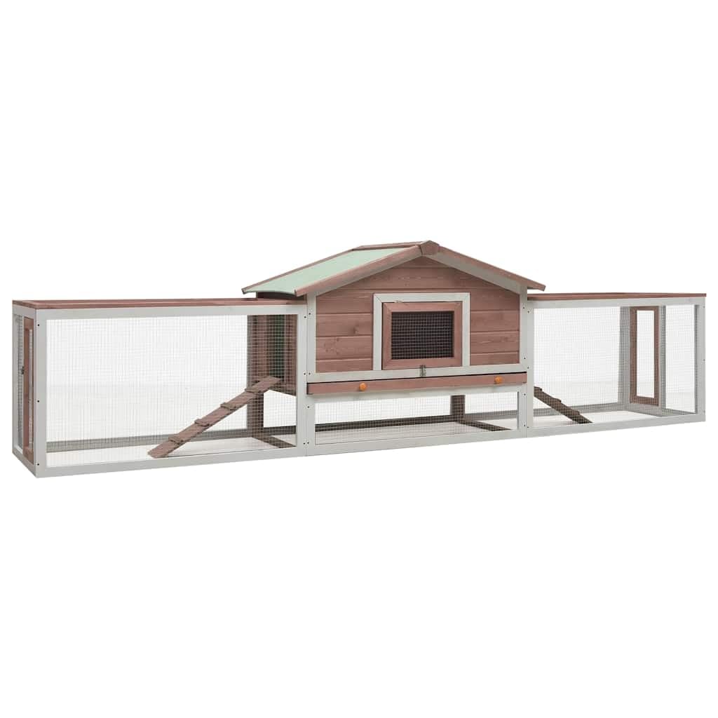 Kaninchenstall Mokka 310x70x87 cm Massivholz Kiefer und Tanne mit Eisendrahtgewebe, wetterfestes Dach, Ausziehbares Schubfach, rutschfeste Rampe