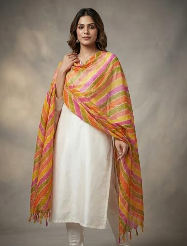Image of Women's Cotton Blend Striped Print Dupatta with 2.20 Meters | Women's cotton printed dupatta with tassels