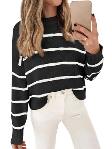 Image of LILLUSORY Womens Cropped Striped Sweater Casual Pullover Ribbed Knit Cute Crewneck Sweaters