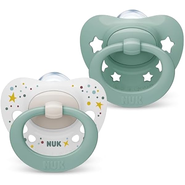 NUK Signature smoczek dziecięcy, 0-6 miesięcy, uspokaja 95% niemowląt, silikonowy smoczek bez BPA, w etui, zielone gwiazdki, 2 sztuki