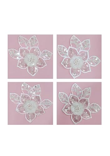 Image of White Flower Applique Patch Embroidered - Pearl Stone & Zardosi Sequins Work on Fabric, 3.5.x3.5 Inch, Pack of 4 - Perfect for Sarees, Dresses, Dupattas & Crafts
