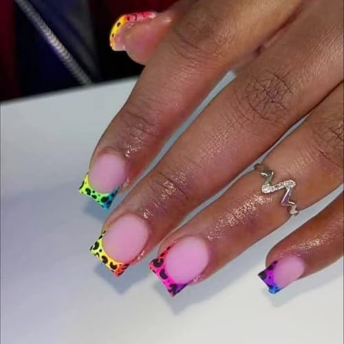 Image of Leopard Print French Tip Press on Nails Colorful Ombre Fake Nails Short Square Nail Press ons with Design Matte Full Cover Stick on Nail for Women Manicure 24Pcs