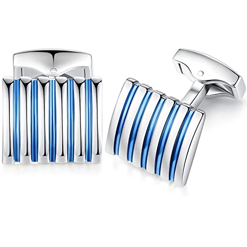 HONEY BEAR Rectangle Striped Cufflinks for Mens Business Wedding Gift Blue