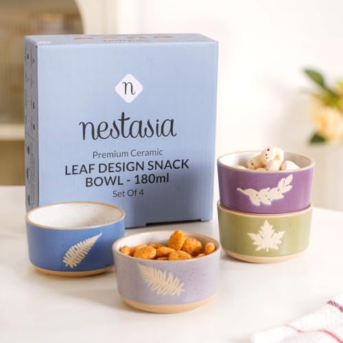 Image of Nestasia Ceramic Snack Bowl Set of 4 (180ml Each) - Dishwasher & Microwave Safe Bowls for Serving Soup, Rice, Dal, & Salad | Monsoon Leaf Printed Bowls with Matte Finish - Ideal for Gifting