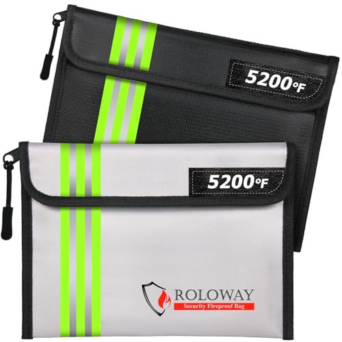 Image of ROLOWAY Fireproof Bag (9.6 x 6.6 inches) 5200℉ Heat Insulated with Reflective Strip, Fireproof Money Bag with Zipper for Cash (2-Pack)